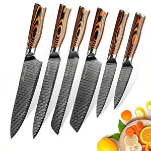 Chef Knife Set, Luckytime 6-Piece Kitchen Knives Set, German 5cr15mov High Carbon Stainless Steel Meat Sushi Fruit Vegetable Ultra Sharp Professional Cutting Knife with Ergonomic Handle & Gray Texture