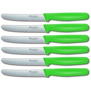 Victorinox Swiss Round Stainless Steel 4.5 Inch Steak Knife with Green Fibrox Handle, Set of 6