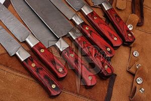WP-1081 Custom Handmade Damascus Kitchen/Chef Knife Set 7/Piece Pocket Case Chef Knife Roll Bag By World Points (Red Wood)