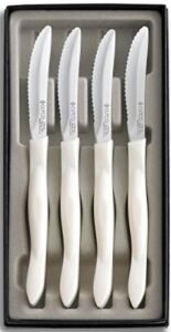 CUTCO #1865 set of 4 White (Pearl) Model 1759 Table Knives, each in a factory sealed plastic bag, inside attractive blue CUTCO box…………..3.8″ Double-D® serrated 440A High-Carbon, Stainless Steel blades and 5″ handles