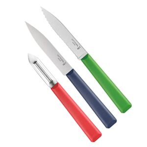Opinel Les Essentials+ Small Kitchen Prep 3 Piece Knife Set – Paring Knife, Serrated Knife, Peeler, Corrosion Resistant + Dishwasher Safe, Made in France