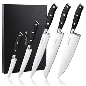 PICKWILL Professional Chef Knife Set, Kitchen Knife Sets 5 Pieces High Carbon Stainless Steel, Included 8” Chef Knife, 8” Bread Knife, 8” Carving Knife, 5” Utility Knife, 3.5” Paring Knife