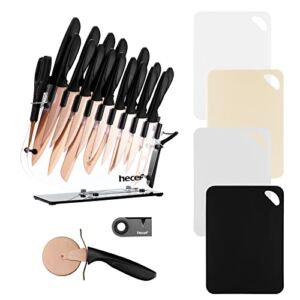 hecef 25 PCS Rose Gold Titanium Plated Kitchen Knife Set with Block and Cutting Mats, Cutlery Knife Set with Sharp Serrated Steak Knives, Boning Knife, Scissors, Sharpener, Peeler and Acrylic Stand