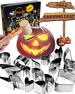 Pumpkin Carving Kit with Hammer Safe for kids, Halloween Pumpkin Carving Tools, Durable Stainless Steel Non-knife Pumpkin Carving Stencils, Pumpkin Carving Set for Adults, 16 PCS