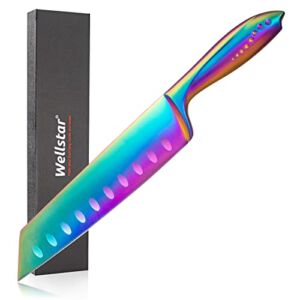Kiritsuke Chef Knife 8 Inch WELLSTAR, Razor Sharp German Steel Blade and Comfortable Handle with Rainbow Titanium Coated for Kitchen Food Cutting Slicing Dicing, Asian Vegetable Meat Cooking Knife