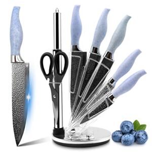 Kitchen Knife Set, Retrosohoo 8 Pieces Ultra Sharp Stainless Steel Chef Knife Sets with Acrylic Stand, Chef Knife, Bread Knife, Kitchen Scissors and Sharpening Steel (Blue)