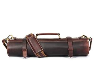 Leather Knife Roll Storage Bag, Elastic and Expandable 10 Pockets, Adjustable/Detachable Shoulder Strap, Travel-Friendly Chef Knife Case (Leather – Dark Brown)