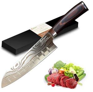 Joyspot Chef’s Knife – 7 Inch Japanese Santoku Kitchen Knife – High Carbon German Stainless Steel – Razor Sharp – Stain & Corrosion Resistant – Awesome Edge Retention with Ergonomic Handle