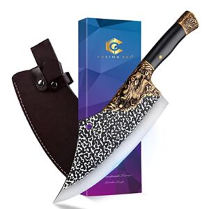 FUSIONKEI Heavy-Duty Butcher Knife Professional Meat Cleaver Hand Forged Bone Chopping Knife Ultra Sharp Kitchen Knife for Home Kitchen and Restaurant with Leather Sheath Gift Box