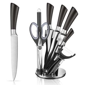 KIMIUP 9 Pieces Kitchen Knife Set with Block,5 Stainless Steel Knives and Scissors Peeler Knife Sharpener with Stand 360 Degree Revolving Base,Black Handle