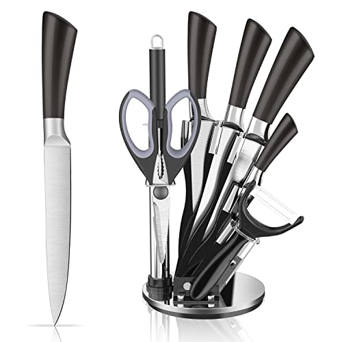 KIMIUP 9 Pieces Kitchen Knife Set with Block,5 Stainless Steel Knives and Scissors Peeler Knife Sharpener with Stand 360 Degree Revolving Base,Black Handle | The Storepaperoomates Retail Market - Fast Affordable Shopping