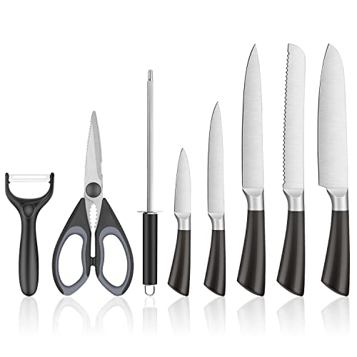 KIMIUP 9 Pieces Kitchen Knife Set with Block,5 Stainless Steel Knives and Scissors Peeler Knife Sharpener with Stand 360 Degree Revolving Base,Black Handle | The Storepaperoomates Retail Market - Fast Affordable Shopping