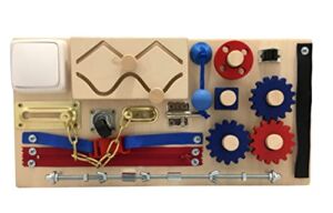 Handmade Wooden Activity and Therapy Fidget Board with Gears for Dementia, Alzheimer’s and Autism. Size: 15.5″ x 8″ Blue & Red