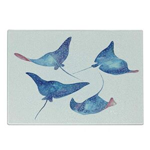 Lunarable Underwater Cutting Board, Sting Ray in Watercolor Style Animal Drawing with Brush Strokes Wildlife, Decorative Tempered Glass Cutting and Serving Board, Small Size, Blue White Pink