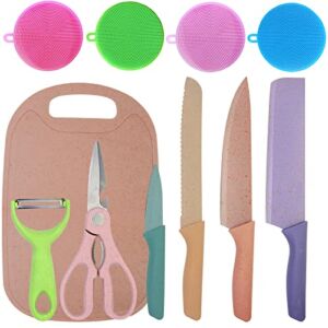 11 pcs Colorful Knife Set,Sharp Kitchen Knives Sets for Slicing Paring and Cooking, Professional Cute Pink Chefs Knife Set fit to Bbq RV Camping,Stainless Steel Knives, Scissors, Peeler&Cutting Board