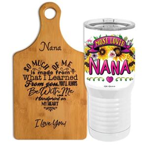 Nana Gift Set – Most Loved Stainless Steel Insulated Permanent Color Tumbler & Bamboo Cutting Board Heart Shaped Poem Design Birthday Mothers Day Christmas Grandkids (20oz Most Loved & Paddle 7×14)