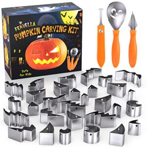 Fenvella Pumpkin Carving Kit for Kids, 24 PCS Pumpkin Carving Tools, Heavy Duty Stainless Steel Pumpkin Carver Set, DIY Halloween Pumpkin Carving Stencils, Simple & Safe Carving Tools Kit for Adults