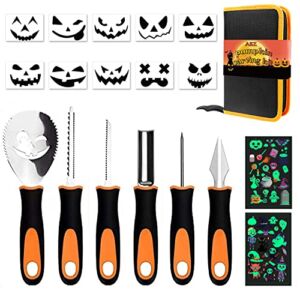 Pumpkin Carving Kit, Pumpkin Carving Tools Kit Knife for Adults with 10 Stencils Patterns + Halloween Tatoos, Professional Heavy Duty Pumpkin Carving Set for Family Party Decorations