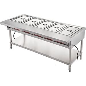 VBENLEM Commercial Electric Food Warmer 5 Pot Steam Table Food Warmer 18 Quart/Pan with Lids with 7 Inch Cutting Board Food Grade Stainless Steel Steam Table Serving Counter 220V 3750W for Restaurant