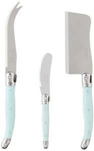 Jean Dubost Fork, Spreader, Cheese knife Set, Stainless Steel Blades, Olive Wood Handles, Set of 3, Turquoise