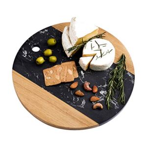 12inch Marble Cheese Board with Acacia Wood Accent – Charcuterie Board for Two – Round Marble and Wood Cheese Board – Marble Cutting Board