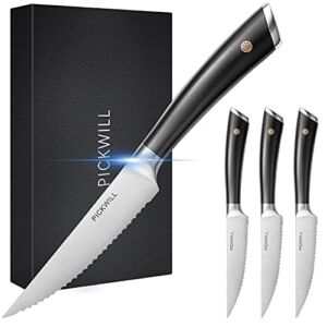 PICKWILL Steak Knives Set of 4, German High Carbon Stainless Steel Steak Knife 4.5 Inch, Full Tang Ergonomic ABS Handle, Serrated Steak knives with Gift Box