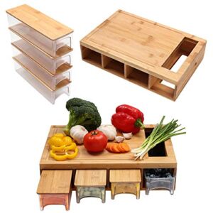 Bamboo Cutting Board with lids /Storage Containers/trays Chopping Board with Drawers Cutting Board with Lid and Trays Multi-functional Cutting Board with Groove/Handle/Food Sliding Opening
