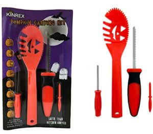 KINREX Pumpkin Carving Kit – Halloween Carve Tools Set For Kids & Adults , 8 Paper Stencils Patterns Designs Templates Jack o Lantern Decoration , Includes Small & Big Saw Tool , Scooper & Drill