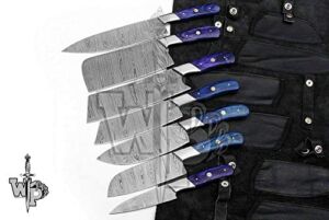 WP-G9 Custom Handmade Damascus Kitchen/Chef Knife Set 7/Piece Pocket Case Chef Knife Roll Bag By World Points (Blue Wood)
