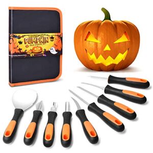 GoStock Pumpkin Carving Kit, Upgrade Soft Grip Rubber Handle 9 Pieces Pumpkin Carving Tools Set Heavy Duty Stainless Steel Masters Carving Kit with Zipper Bag for Halloween Jack-O-Lanterns