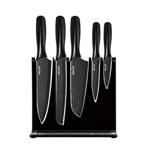 hecef Chef Knife Set of 6, Matte Black Kitchen Knife Set with Acrylic Stand, Hammered Stainless Steel Blade & PP Handle, Suitable for Any Tasks