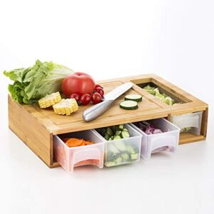 Bamboo Wooden Cutting Board with 4 Container Drawers For Kitchen, Cooking, Food Preparation, Serving, Chopping