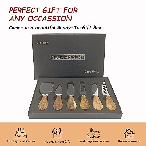 VINMEN Cheese Knife Set of 6 Pcs with Acacia Wood Handle, Stainless Steel Cheese Knife Kit Gift for Birthday, Housewarming, Valentine’s Day | The Storepaperoomates Retail Market - Fast Affordable Shopping