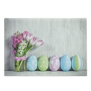 Lunarable Colorful Cutting Board, Easter Theme Designed Eggs and Bouquets of Tulips on Wooden Table Image, Decorative Tempered Glass Cutting and Serving Board, Large Size, Coconut Multicolor