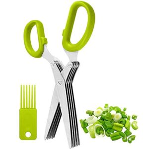Kitchen Scissors Heavy Duty Herb Scissors 5 Blades Stainless Steel Cutting Shears Multipurpose Safe Chopping Scissors whit Cleaning Comb (Green)