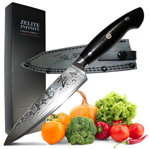 Zelite Infinity Utility Knife Kitchen, 6 Inch Chef Knife, Chopping Knife, Kitchen Utility Knife – Japanese AUS-10 Super Steel 45-Layer Damascus Knife – Razor Sharp Kitchen Knife – Leather Sheath