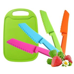 FD55 4 Pieces Safety Knives for Children Cooking Salad Lettuce Knife Kids Plastic Knife Colorful with Cutting Board