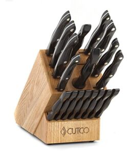 CUTCO Model 2018 Homemaker+8 Set…………Includes (8) #1759 Table Knives, (10) Kitchen Knives & Forks, #1748 Honey Oak knife block, #82 Sharpener, and #125 Medium Poly Prep cutting board………. High Carbon Stainless blades and Classic Brown handles