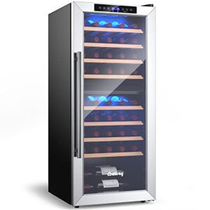 COSTWAY 20-Inch Wine Cooler Refrigerator, Dual Zone Wine Fridge with 8 Wooden Shelves for 43 Bottles of Wine, Freestanding Wine & Beverage Refrigerator for Home Office Bar