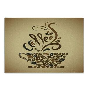 Lunarable Coffee Cutting Board, Coffee Beans Featured Mug Fresh Brewed Beverage Espresso Mocha Image, Decorative Tempered Glass Cutting and Serving Board, Large Size, Caramel Brown