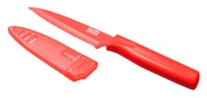 Kuhn Rikon Serrated Paring Knife with Safety Sheath, 4 inch/10.16 cm Blade, Red