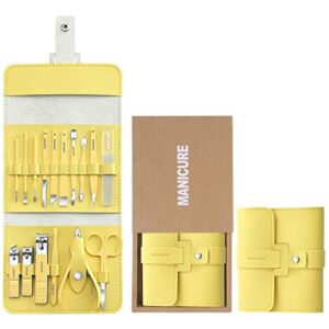 Nail Cutter Set Makeup Beauty Tool?Nail Care Kit Cutter Set Clippers Manicure Pedicure Cuticle Tool Gift Set?Stainless Steel Nail Trimmer Set with Folding Bag (Yellow 16pcs)