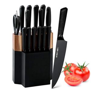 Knife Block Set, 15 Piece Knife Set, Kitchen Knife Set with 6 Steak Knife Set with Sharpener Chef Knife High German Carbon Stainless Steel Knife with Wooden Block Bread Knife Boxed Knife Set