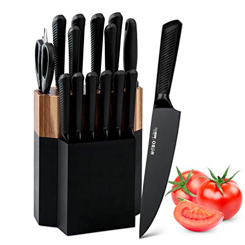 Knife Block Set, 15 Piece Knife Set, Kitchen Knife Set with 6 Steak Knife Set with Sharpener Chef Knife High German Carbon Stainless Steel Knife with Wooden Block Bread Knife Boxed Knife Set | The Storepaperoomates Retail Market - Fast Affordable Shopping