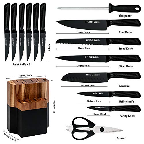 Knife Block Set, 15 Piece Knife Set, Kitchen Knife Set with 6 Steak Knife Set with Sharpener Chef Knife High German Carbon Stainless Steel Knife with Wooden Block Bread Knife Boxed Knife Set | The Storepaperoomates Retail Market - Fast Affordable Shopping