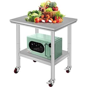 Mophorn Stainless Steel Work Table with Wheels 24 x 30 x 32 Inch Prep Table with 4 Casters Heavy Duty Work Table for Commercial Kitchen Restaurant Business