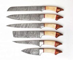 Damascus Knife Custom Handmade 8″ To 15″ Camel Bone Handle Chef Set Of 6