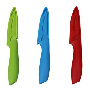 Home Basics 3.5″ Stainless Steel Paring Knife with Soft Grip Plastic Handles and Matching Color Coded Safe and Hygienic Protective Knife Storage Covers,(Set of 3) (1)
