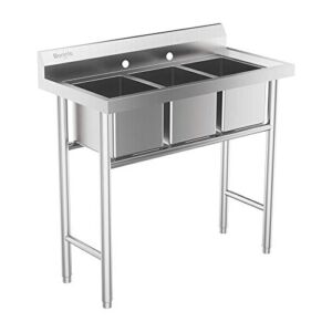 Bonnlo 3-Compartment 304 Stainless Steel Utility Sink Commercial Grade Laundry Tub Culinary Sink for Outdoor Indoor, Garage, Restaurant, Kitchen, Laundry/Utility Room – 39” W x 18” D x 40.2” H