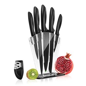 NutriChef 7 Piece Kitchen Knife Set – Stainless Steel Kitchen Precision Knives Set w/ 5 Knives & Bonus Sharpener, Acrylic Block Stand – Cutting Slicing, Chopping, Dicing NCKNS7X
